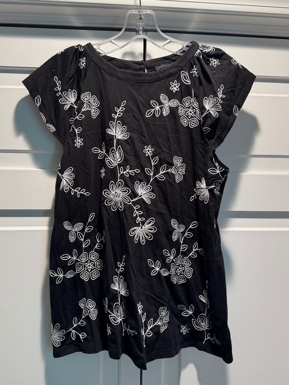 Ann Taylor Black Tee with White Floral Stitching